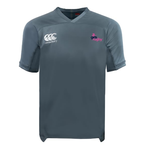 The Girls Rugby Vapodri Evader Jersey by EMB Canterbury is a gray short-sleeve rugby top with moisture-wicking tech, a white Canterbury logo on the right chest, and “Girls Rugby” plus a pink icon on the left chest.