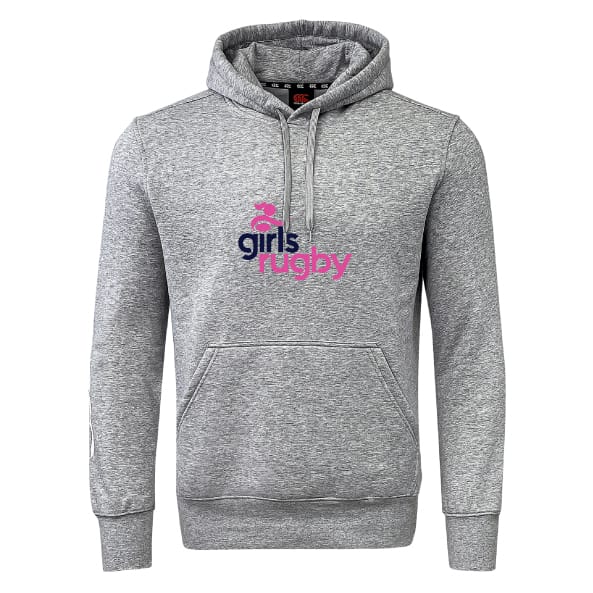 The Girls Rugby Club Hoodie by Canterbury from WRS Canterbury features a front pocket and "girls rugby" in blue and pink on a gray design—an ideal addition to any rugby club hoodie collection.