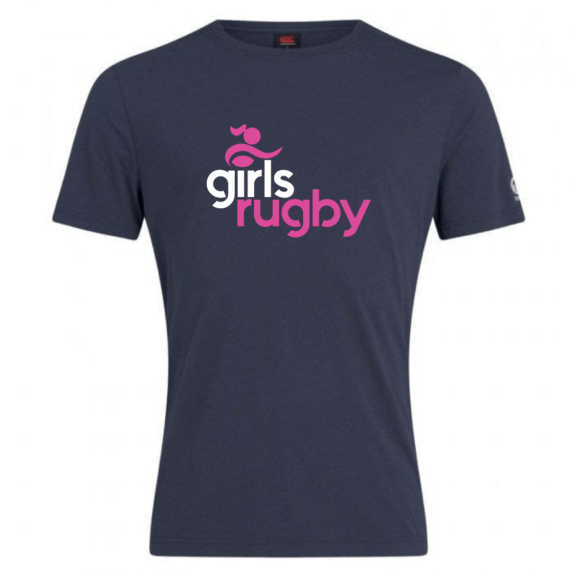 The Girls Rugby Club Plain Tee by Canterbury, from WRS Canterbury, is a navy blue cotton blend t-shirt featuring "girls rugby" in pink and white with a custom small rugby ball graphic.