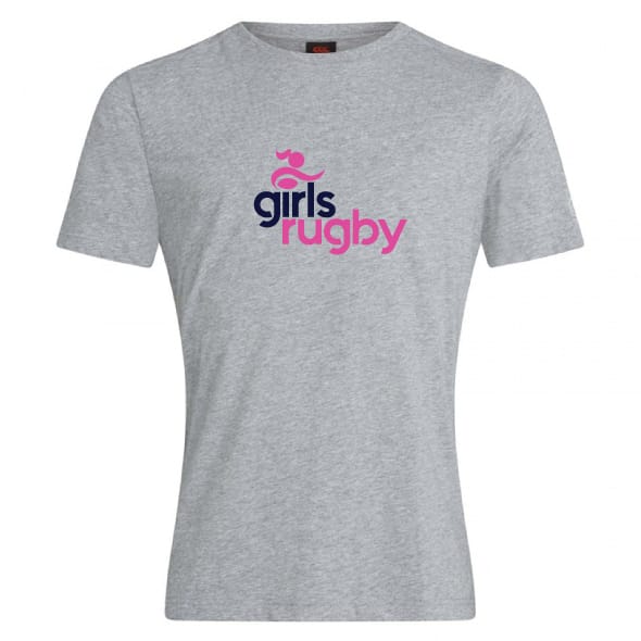 The Girls Rugby Club Plain Tee by WRS Canterbury is a light grey cotton blend shirt featuring "girls rugby" in dark blue and pink—a stylish, customizable choice for sporty flair.