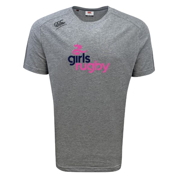 The WRS Canterbury Girls Rugby Tempo Vapodri T-Shirt is a grey, short-sleeve athletic tee with the Canterbury logo on the shoulder and "girls rugby" in navy and pink—perfect for sporty girls.