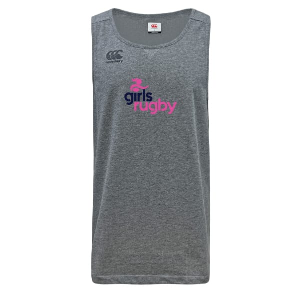 The Girls Rugby Tempo Vapodri Singlet by WRS Canterbury is a sleeveless gray tank with "girls rugby" in pink and purple on the front, a small Canterbury logo on the left shoulder, made from lightweight recycled polyester.