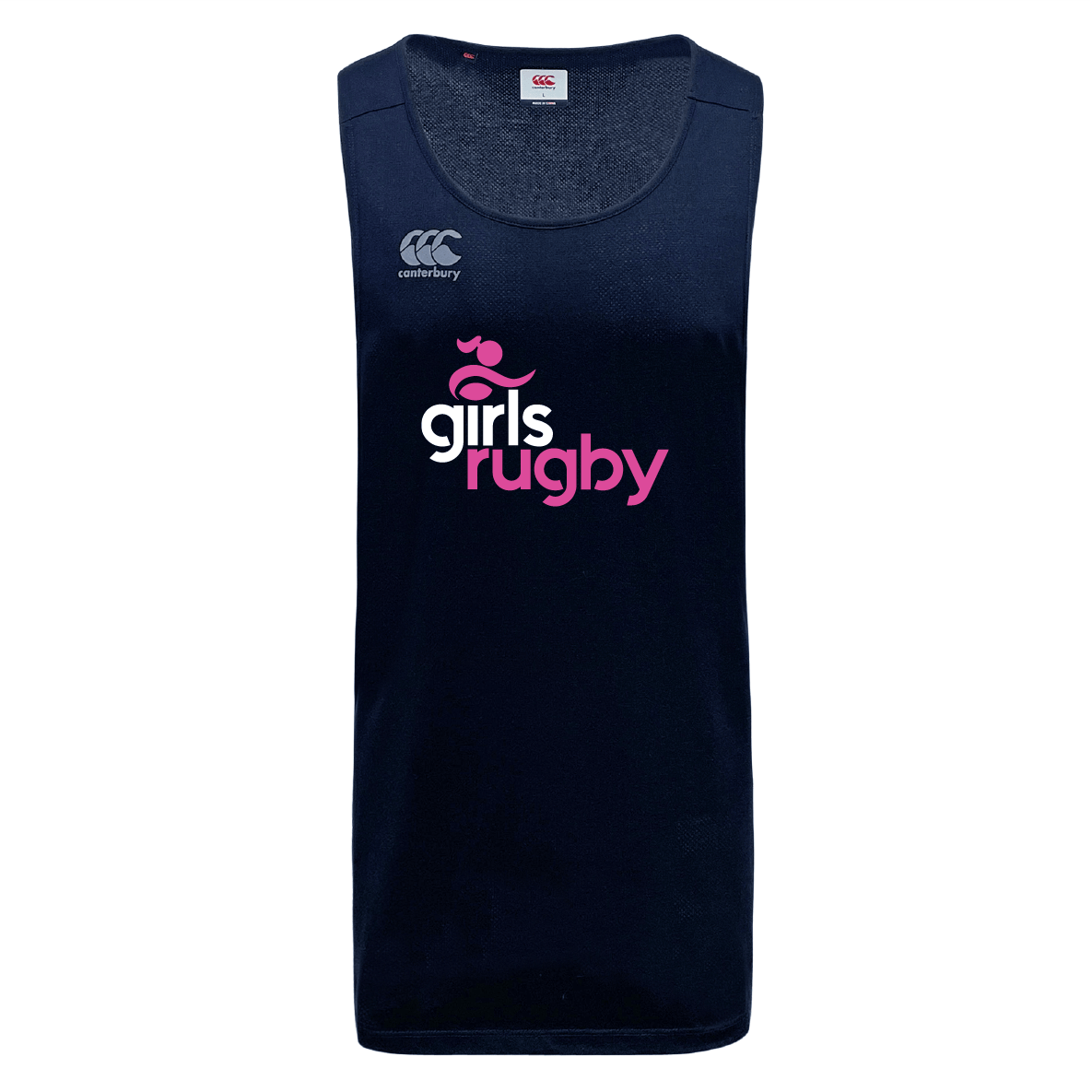 The Girls Rugby Tempo VapoDri Singlet by WRS Canterbury is a navy blue tank top with the Canterbury logo and "girls rugby" text in pink, made from recycled polyester and designed with VapoDri technology for peak performance.
