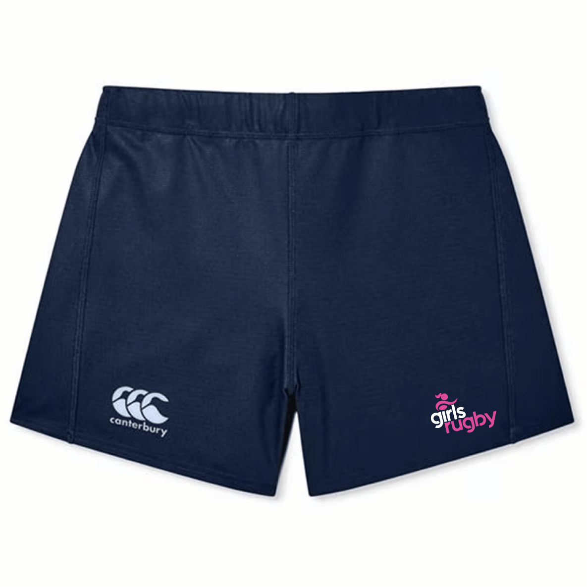 The Girls Rugby Women's Yokohama Short by EMB Canterbury, featuring "Girls Rugby" and the Canterbury logo, are navy blue and made from lightweight, durable fabric for comfort and resilience on the field.