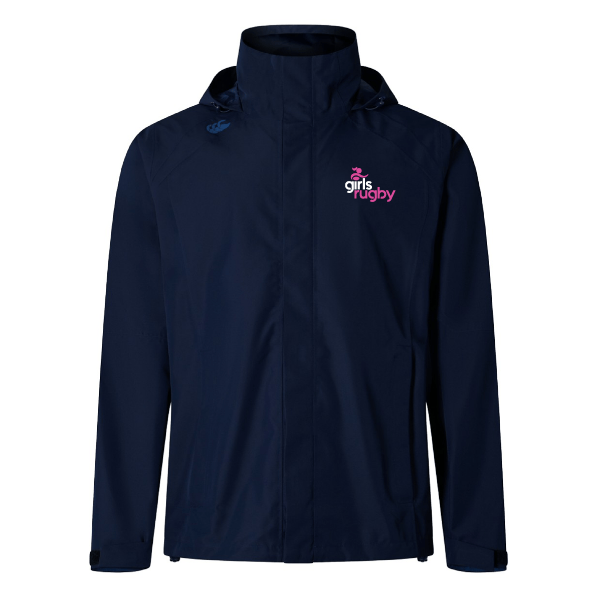 The navy blue Girls Rugby Elite Storm Jacket by EMB Canterbury features a Vaposhield design with a hood and a striking "girls rugby" logo in pink and white on the chest.