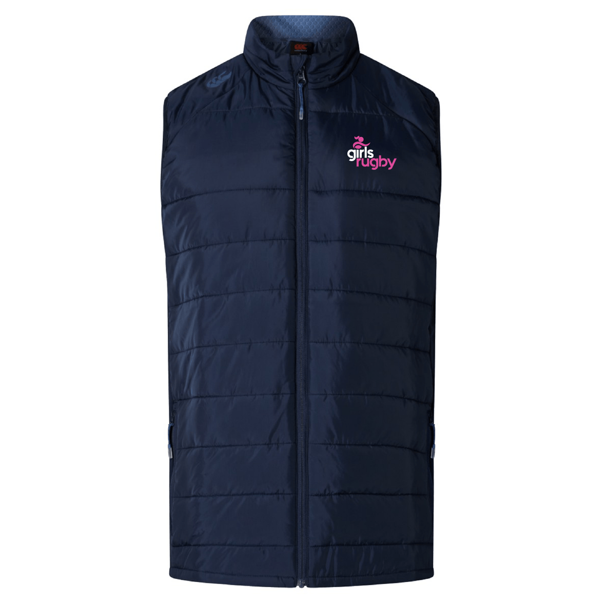 The Girls Rugby Elite Microlite Gilet by Canterbury from EMB Canterbury is a navy blue quilted vest with insulated baffles, a high collar, and a stylish "girls rugby" logo in pink and white on the chest.