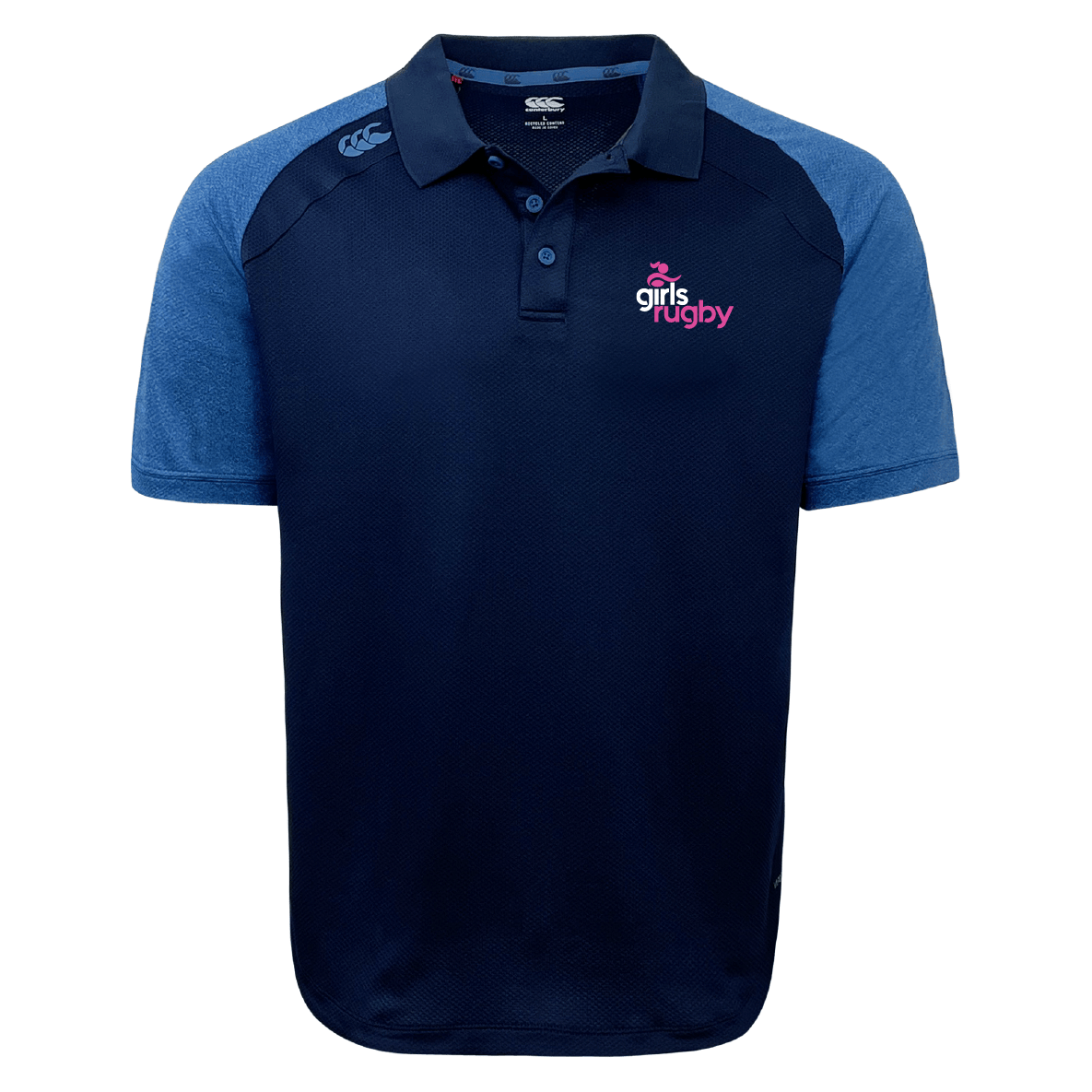 The Girls Rugby Elite Polo by EMB Canterbury is a navy blue shirt with light blue sleeves, made from durable Vapodri fabrics, and features pink "girls rugby" text and logo on the chest.