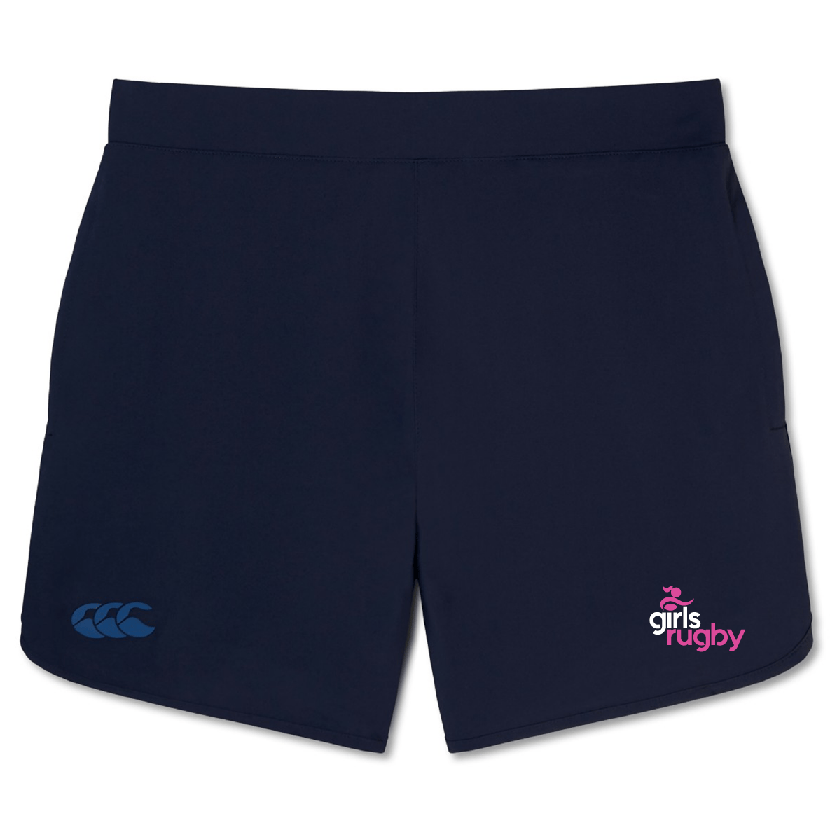 The Girls Rugby Elite Woven Short by Canterbury from EMB Canterbury is navy blue, with "Girls Rugby" and a pink and blue Canterbury logo, plus zippered pockets for secure storage.