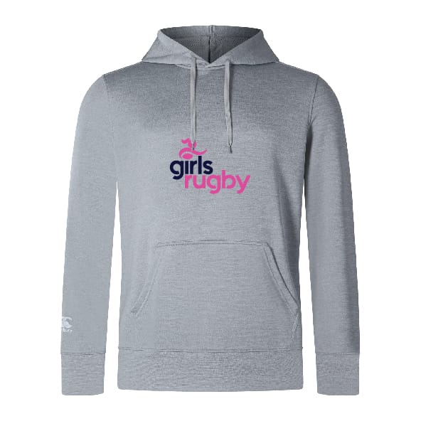 The Girls Rugby Club Lightweight Hoodie by WRS Canterbury is a light gray hoodie with a kangaroo pocket and "girls rugby" in navy and pink text plus a rugby ball graphic—ideal for any Canterbury fan.