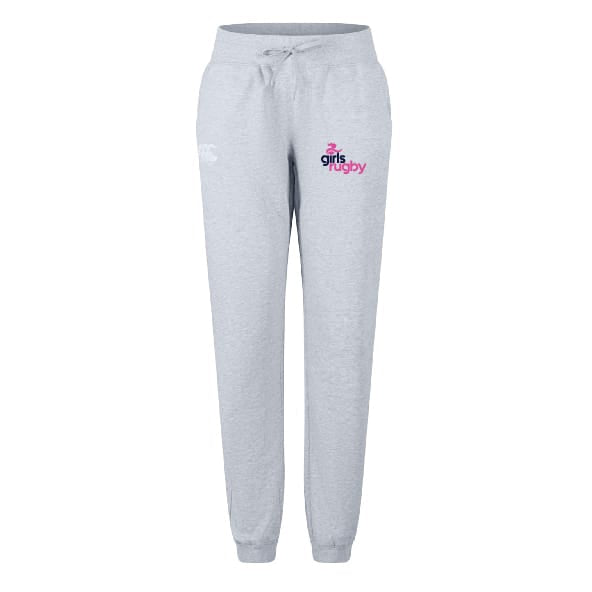 The Girls Rugby Women's Leisure Sweatpant by EMB Canterbury features a drawstring waist, tapered legs, and a pink and navy "girls rugby" logo on the right front hip, made from comfortable organic cotton.