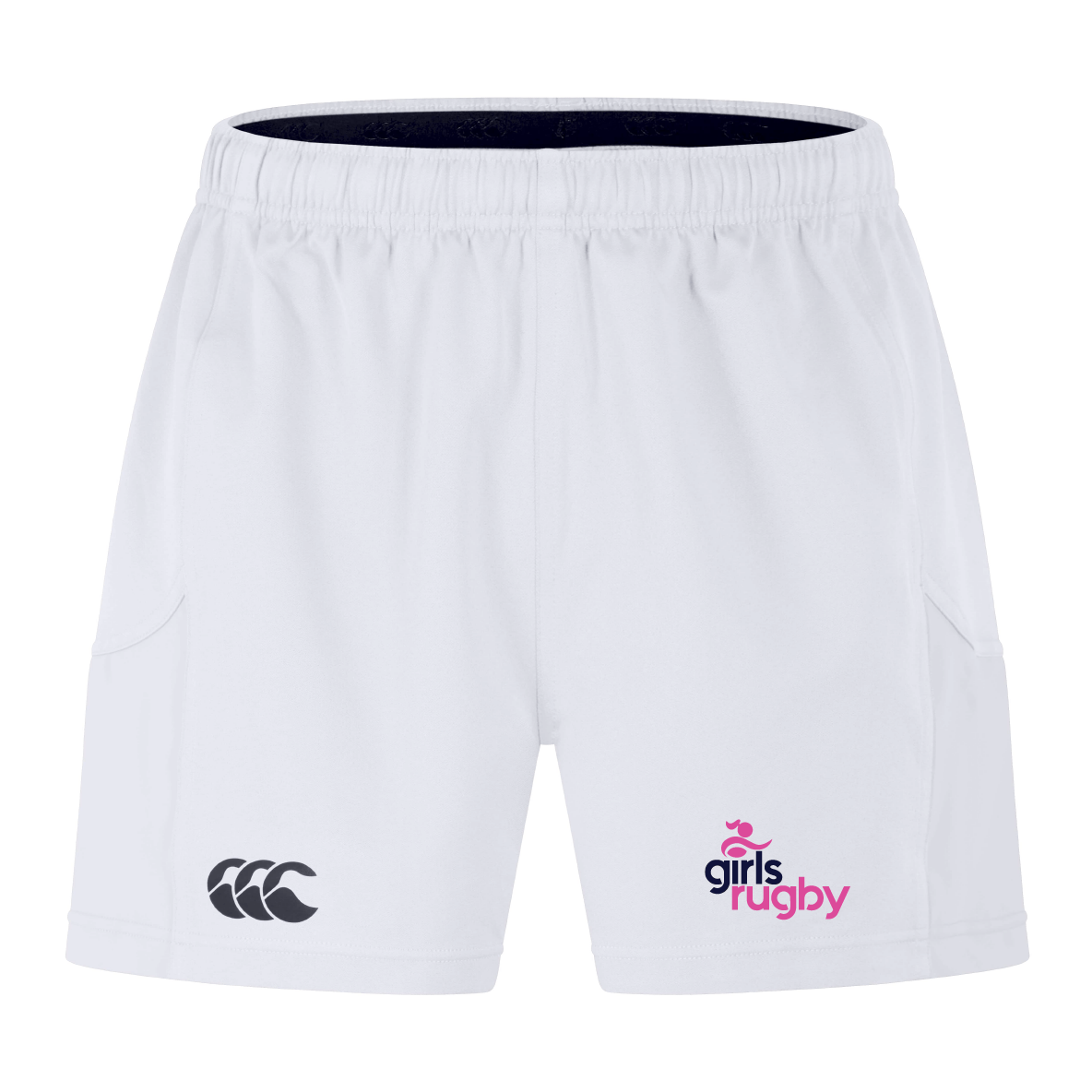 The Girls Rugby Advantage Short 2.0 by EMB Canterbury, crafted from recycled materials, features an elastic waistband and sports a pink and blue "girls rugby" logo with a black logo on white shorts, blending performance and sustainability seamlessly.