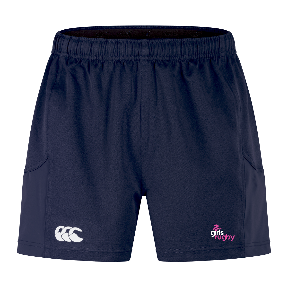 The Girls Rugby Advantage Short 2.0 by EMB Canterbury in navy blue boasts "girls rugby" and a logo on the front. Designed for peak performance, they feature an elastic waistband, side pockets, and are made with recycled content for eco-friendly athletes.
