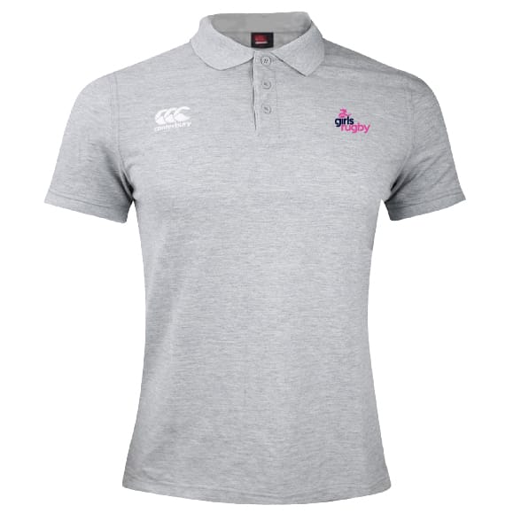 The Girls Rugby Waimak Polo by EMB Canterbury features a light grey design, three-button collar, Canterbury logo on the right chest, and "Girls Rugby" logo on the left chest.