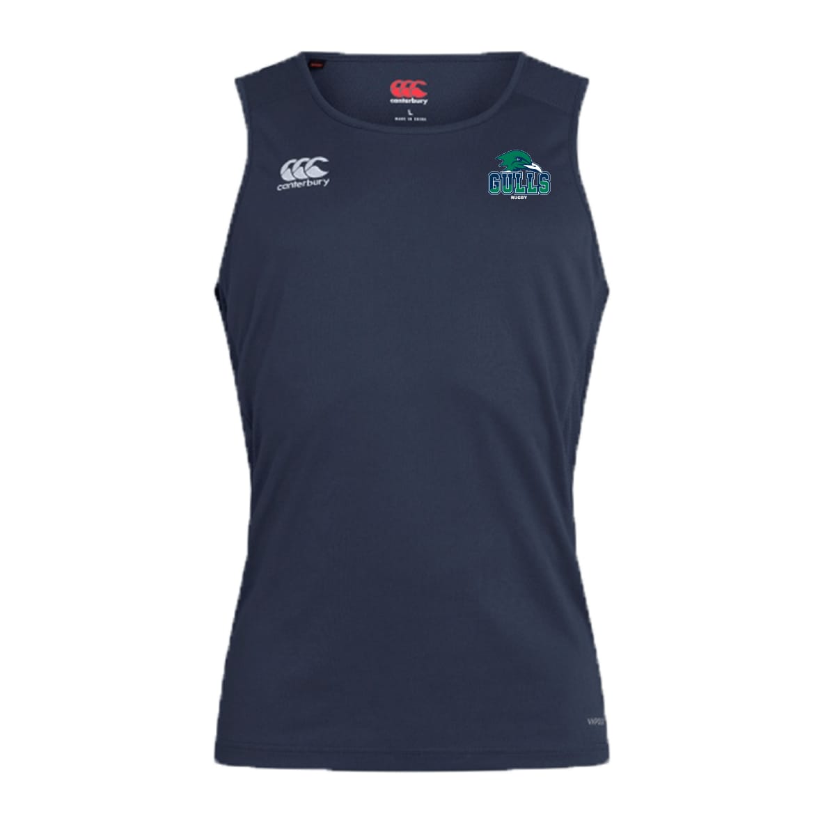 The Endicott College Club Dry Singlet by EMB Canterbury is a sleeveless navy blue athletic top featuring a white Canterbury logo on the right chest and a green and blue "Gulls" logo on the left, ideal for sports enthusiasts.