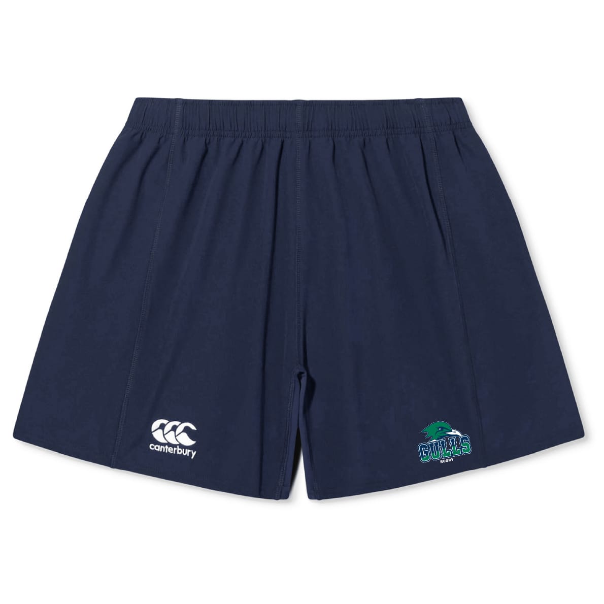 The Endicott College Yokohama Short by EMB Canterbury features an elastic waistband, Canterbury logo on the left leg, and Gulls logo on the right—perfect for fans seeking authentic Yokohama Short style.