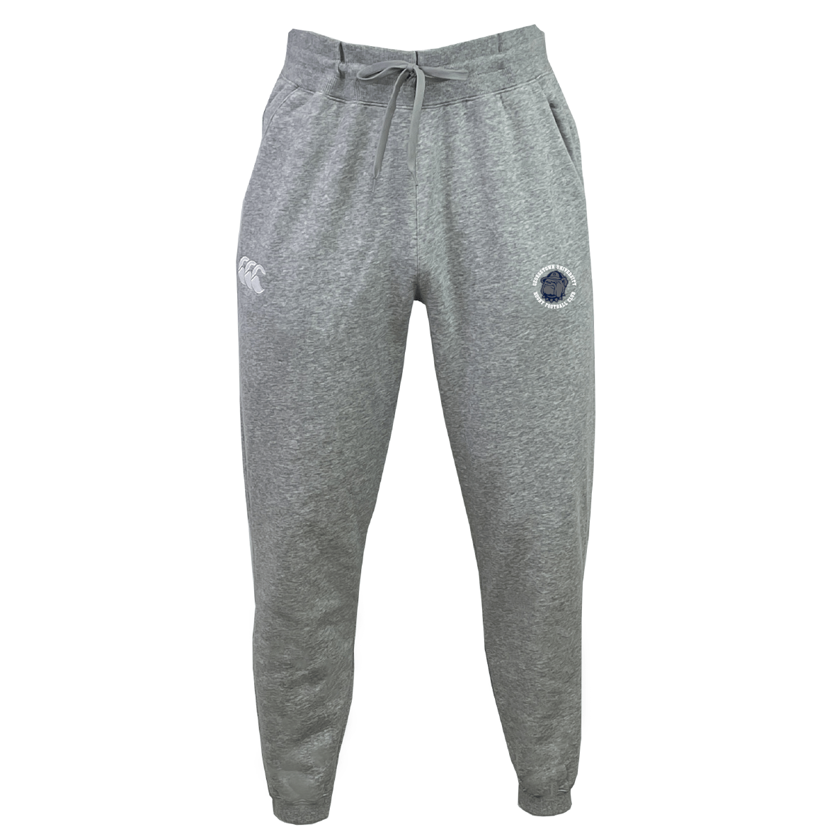 Georgetown University RFC Leisure Sweatpant by EMB Canterbury features a drawstring waist, embroidered logo on the left thigh, brand emblem on the right thigh, and is made from soft sustainable fleece, shown against a plain white background.