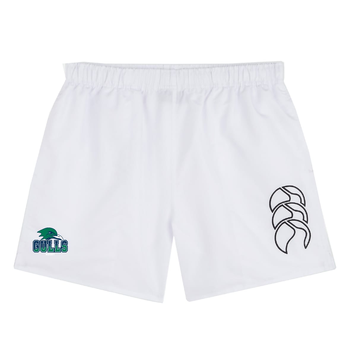 The Endicott College Tactic Short by EMB Canterbury features lightweight white fabric, an elastic waistband, a stylized logo on the right leg, and a "Gulls" logo with a green bird on the left—perfect men's rugby shorts.