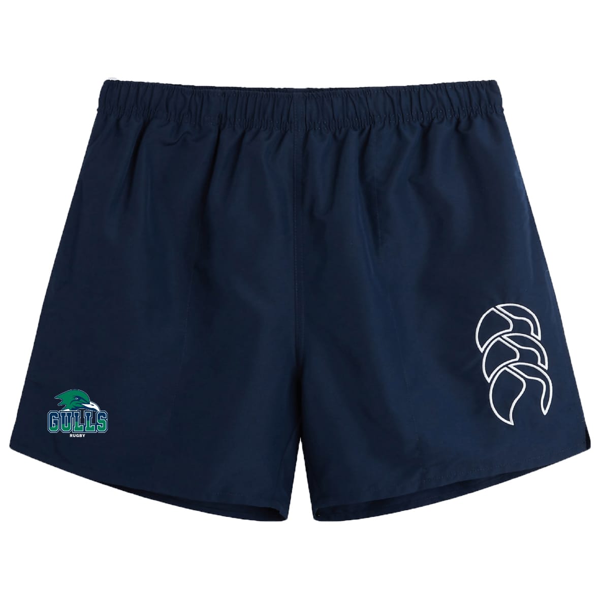 The Endicott College Tactic Short by EMB Canterbury are navy blue, lightweight gym shorts with a white geometric logo on the right leg and a Seagulls team emblem on the left.