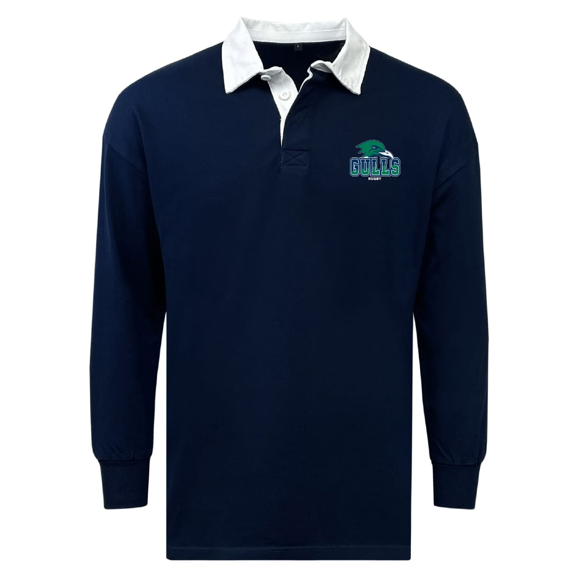 The EMB Mudoo Endicott College Classic Long Sleeve Solid Rugby Jersey features a navy design, white collar, and the "Gulls Rugby" logo on the left chest.