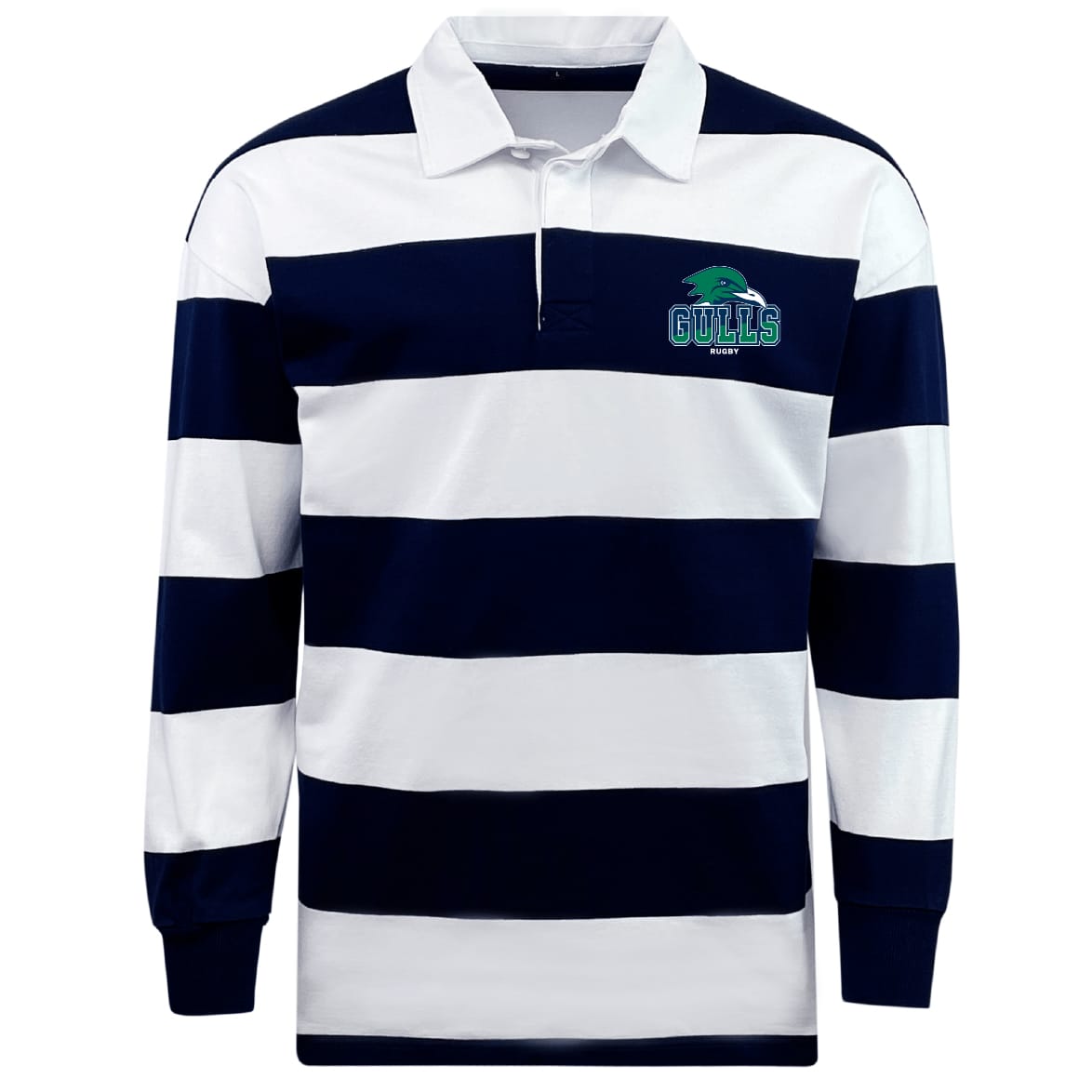 The EMB Mudoo Endicott College Classic Long Sleeve Hooped Rugby Jersey features wide navy and white stripes with a "Gulls" logo on the left chest—a timeless retro piece for rugby fans.