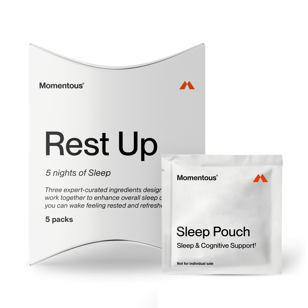 The Momentous Nightly Sleep 5-Pack, a non-habit forming sleep and cognitive support supplement, is displayed with its box and “Sleep Pouch” sachets against a plain background.