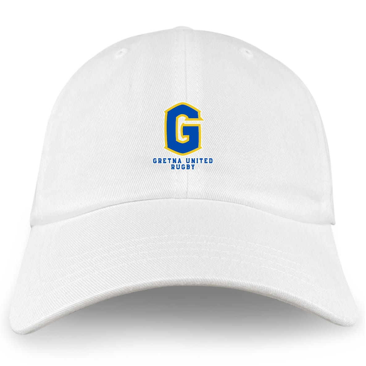 The EMB S&S Activewear Gretna United Rugby Adult Low-Profile Cotton Twill Dad Cap features a white design with an embroidered blue and yellow "G" logo and "Gretna United Rugby" text on the front.