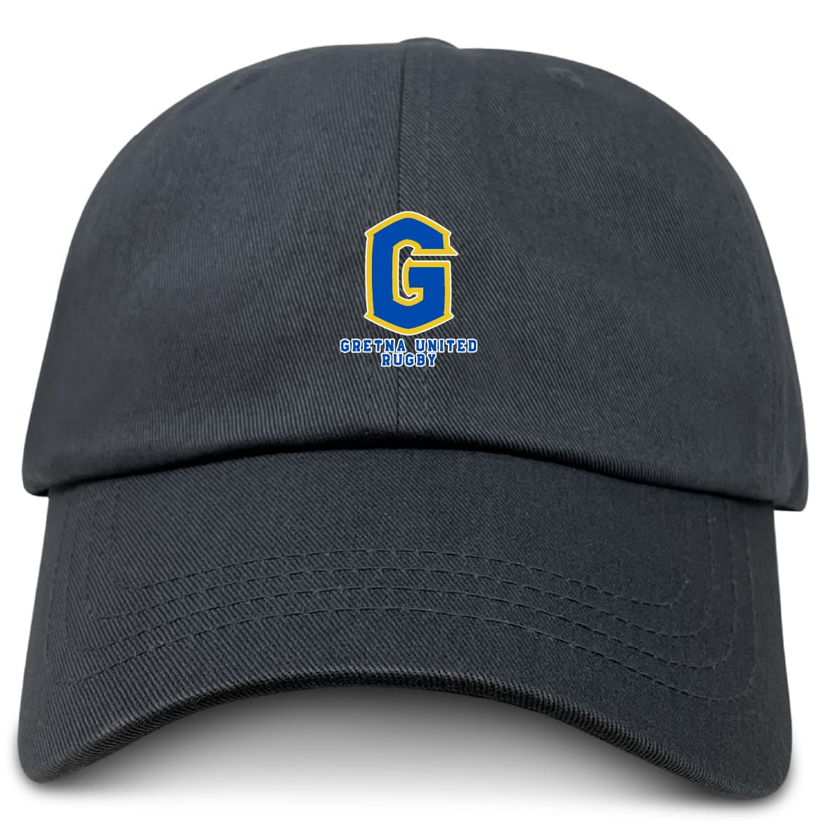 The Gretna United Rugby Adult Low-Profile Cotton Twill Dad Cap by EMB S&S Activewear features a yellow and blue "G" logo, embroidered team branding, and "Gretna United Rugby" text on the front.