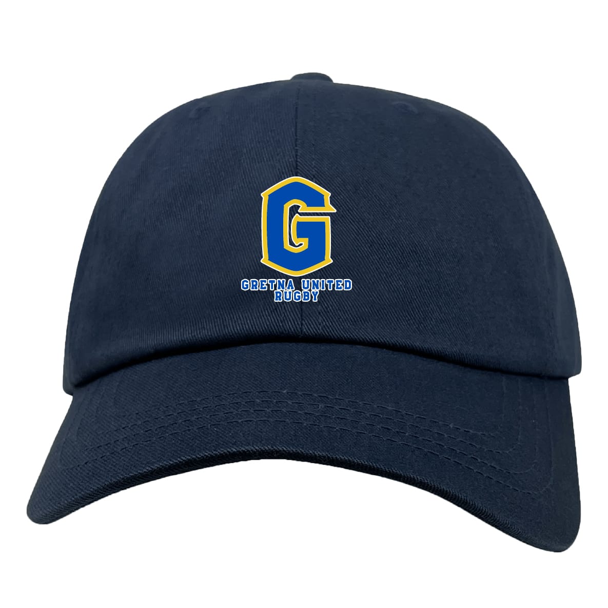 The Gretna United Rugby Adult Low-Profile Cotton Twill Dad Cap by EMB S&S Activewear features a navy blue design with a yellow and blue "G" logo, embroidered team branding, and "Gretna United Rugby" text below.