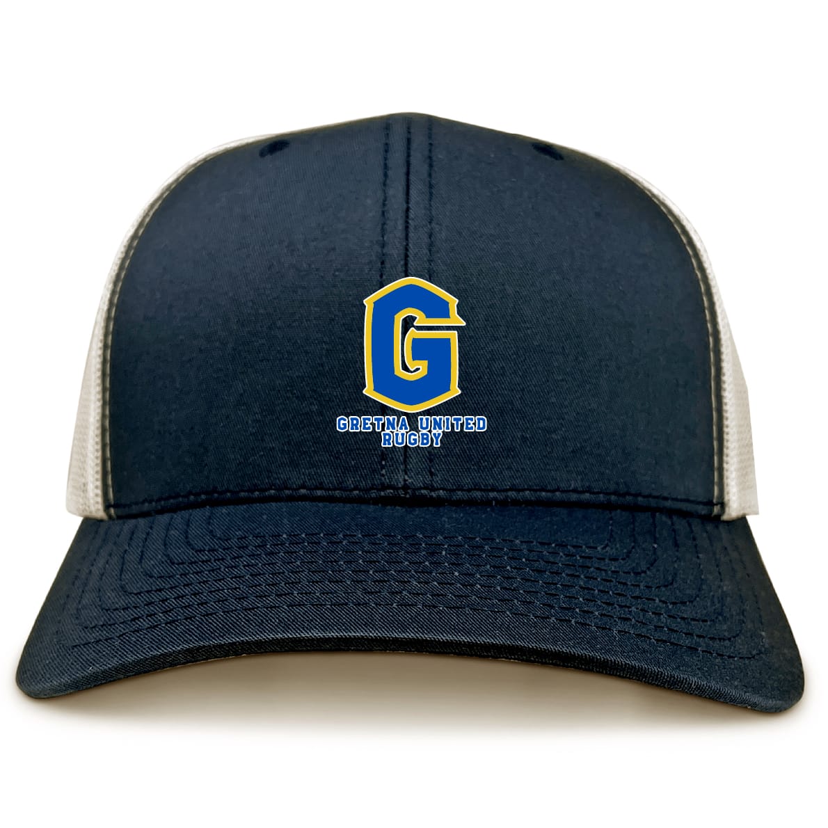 The EMB S&S Activewear Gretna United Rugby Retro Trucker Cap features a navy and white mesh back, embroidered yellow and blue "G" with "Gretna United Rugby" on the front, and an adjustable snapback closure.