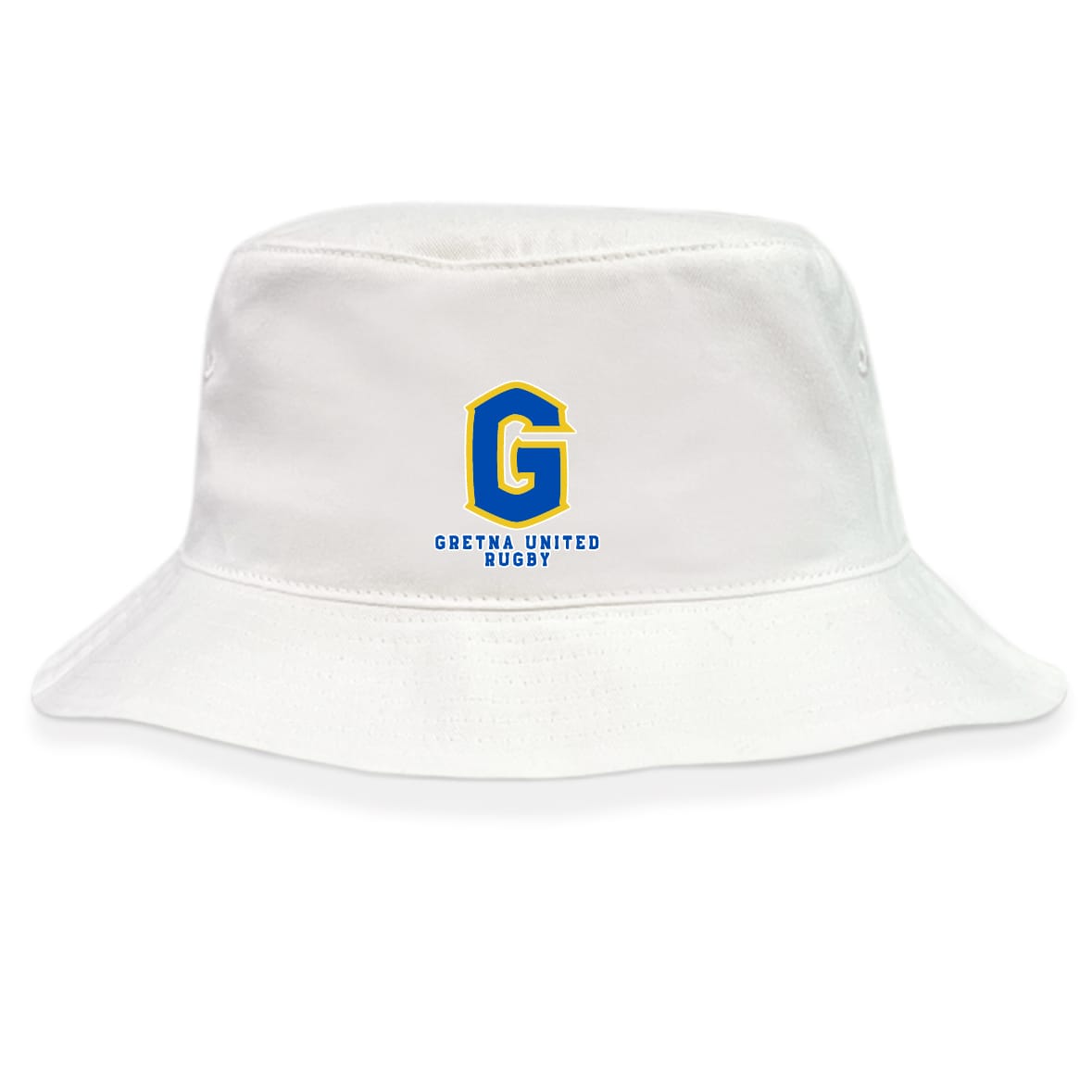 The Gretna United Rugby Crusher Bucket Cap by EMB S&S Activewear is a white cotton twill hat featuring a blue and yellow "G" and "Gretna United Rugby" text on the front, combining sun protection with classic bucket cap style.
