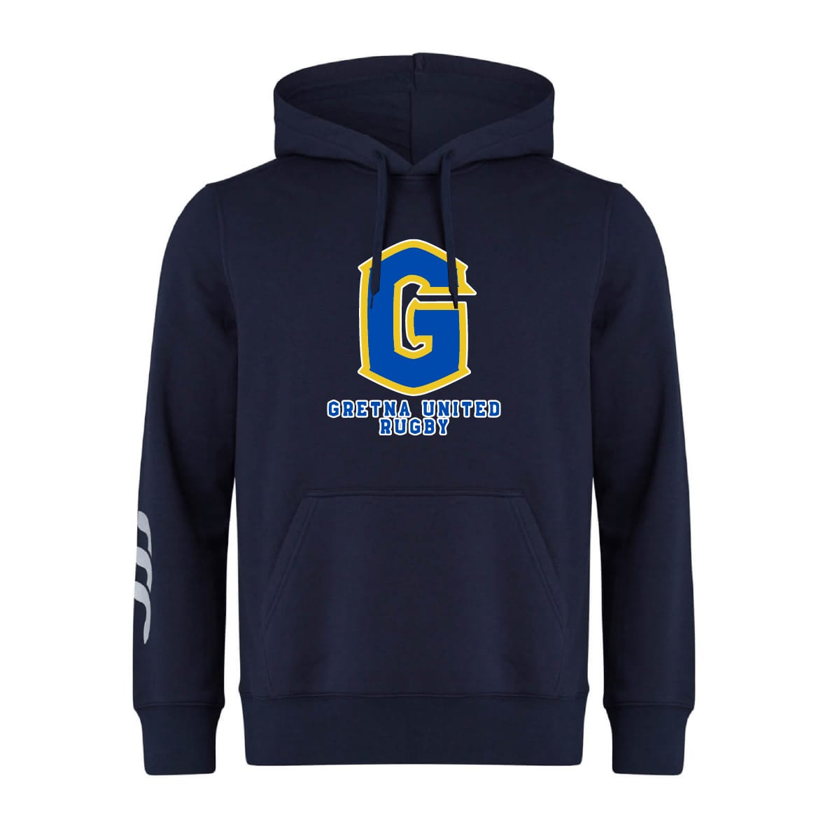 The Gretna United Rugby Club Hoodie by WRS Canterbury features a large blue, gold, and white "G" with "Gretna United Rugby" on the front and white stripes on the right sleeve for a classic team style.