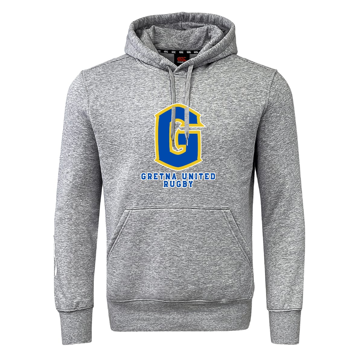 The WRS Canterbury Gretna United Rugby Club Hoodie features a gray design with a large blue and gold "G" and "Gretna United Rugby" printed on the front.