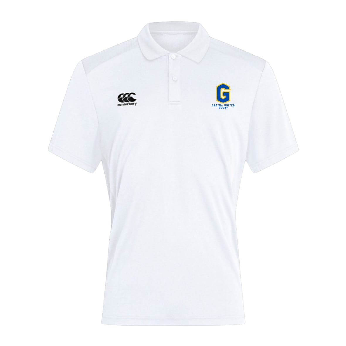 The Gretna United Rugby Club Dry Polo by EMB Canterbury features short sleeves, a collar, Vapodri technology for breathability, the Canterbury logo on the right chest, and a blue and yellow "G" logo with text on the left chest.