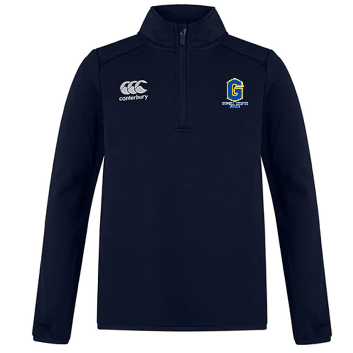 The Gretna United Rugby Club Track Jacket by Canterbury is a navy blue long-sleeve quarter-zip pullover, featuring the Canterbury logo on the right chest and "Gretna United" on the left; lightweight and water repellent.