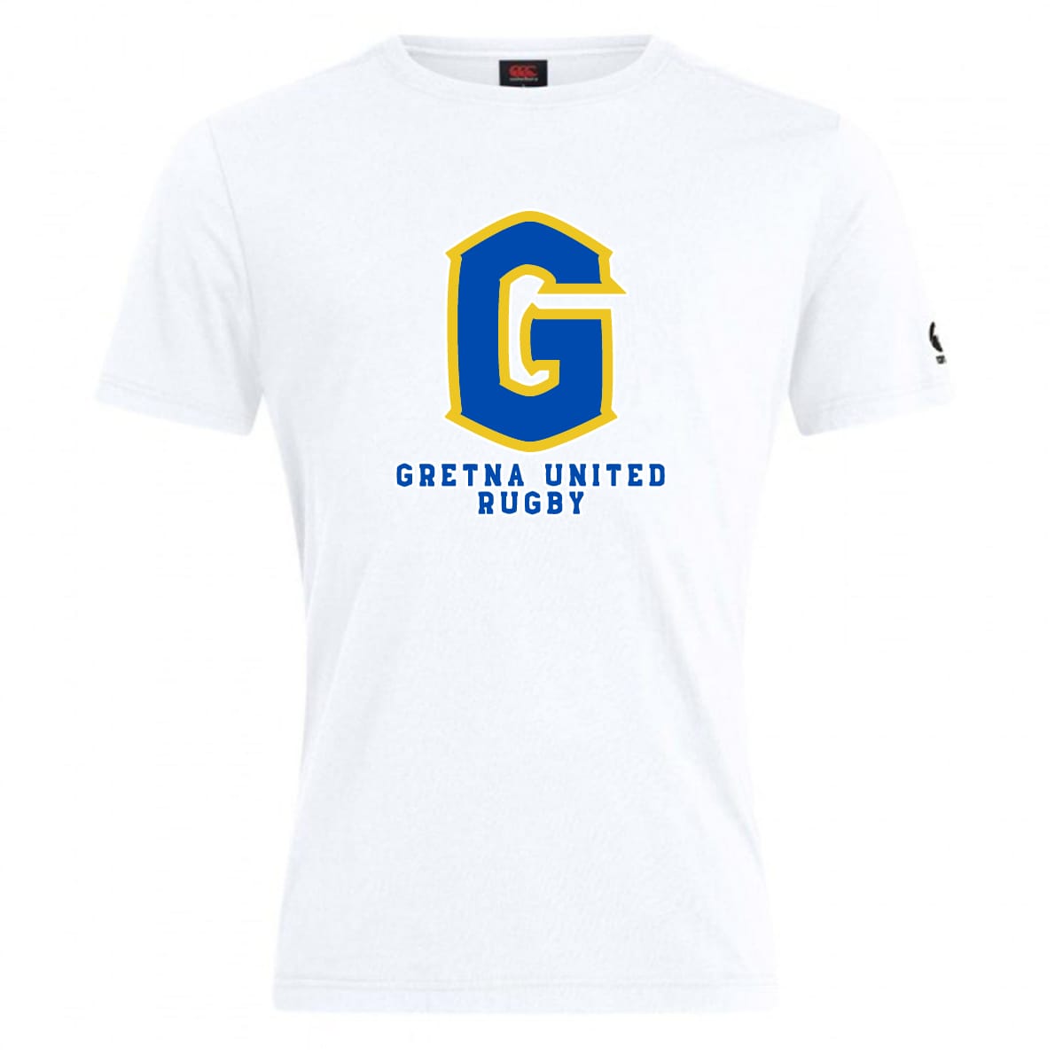 The Gretna United Rugby Club Plain Tee by WRS Canterbury features a bold blue and yellow "G" over "Gretna United Rugby" on the front, made from a premium cotton blend for comfort and durability.