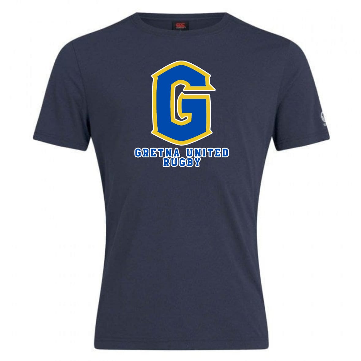 The Gretna United Rugby Club Plain Tee by WRS Canterbury is a navy blue premium cotton blend shirt with a large yellow and blue "G" logo and "Gretna United Rugby" printed below in white and blue.