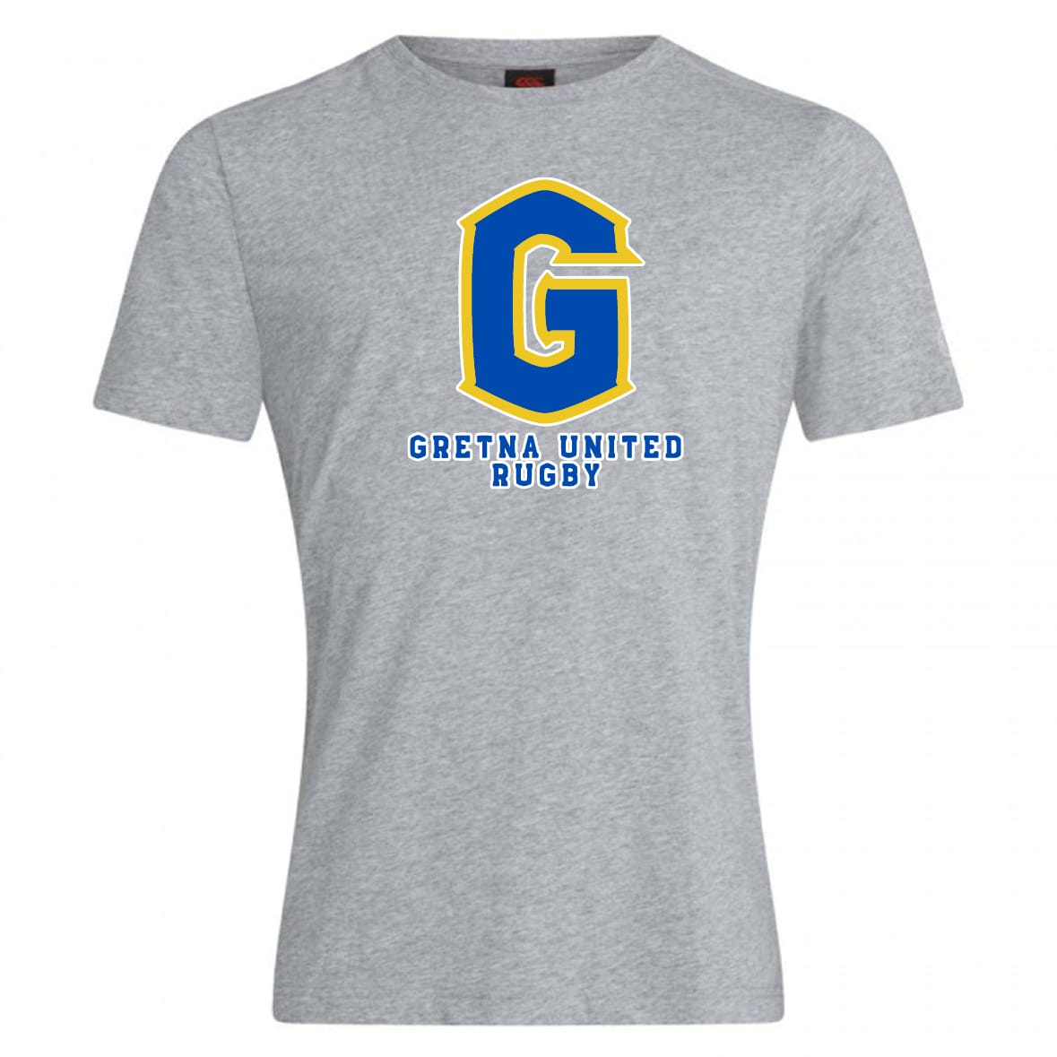 The Gretna United Rugby Club Plain Tee by WRS Canterbury is a premium grey cotton blend t-shirt with a blue and yellow logo.