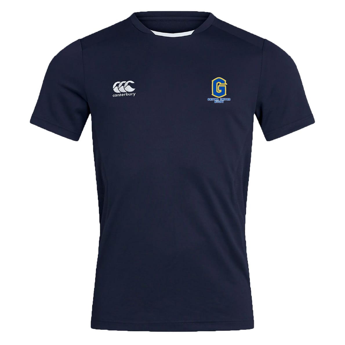 The Gretna United Rugby Club Dry Tee by EMB Canterbury is a navy blue short-sleeve shirt with moisture-wicking Vapodri Technology, a white Canterbury logo on the right chest, and a "G" crest with text on the left chest.