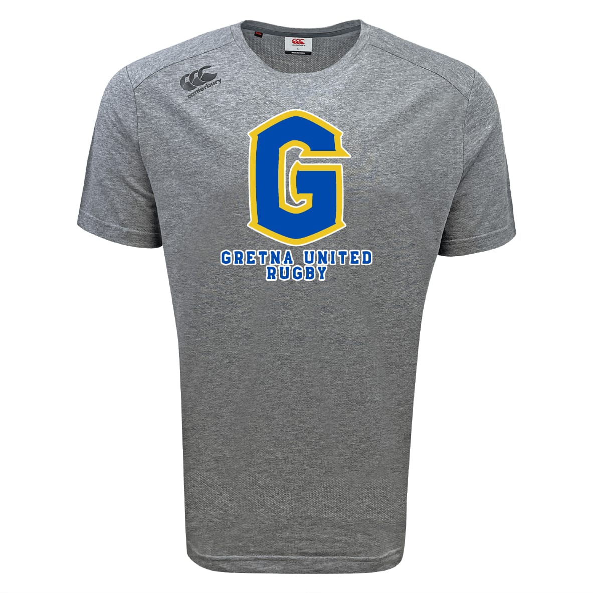 The Gretna United Rugby Tempo Vapodri T-Shirt by WRS Canterbury is a gray short-sleeve athletic shirt with a blue and yellow "G" and "Gretna United Rugby" on the front, ideal for fans and players who want moisture-wicking performance.