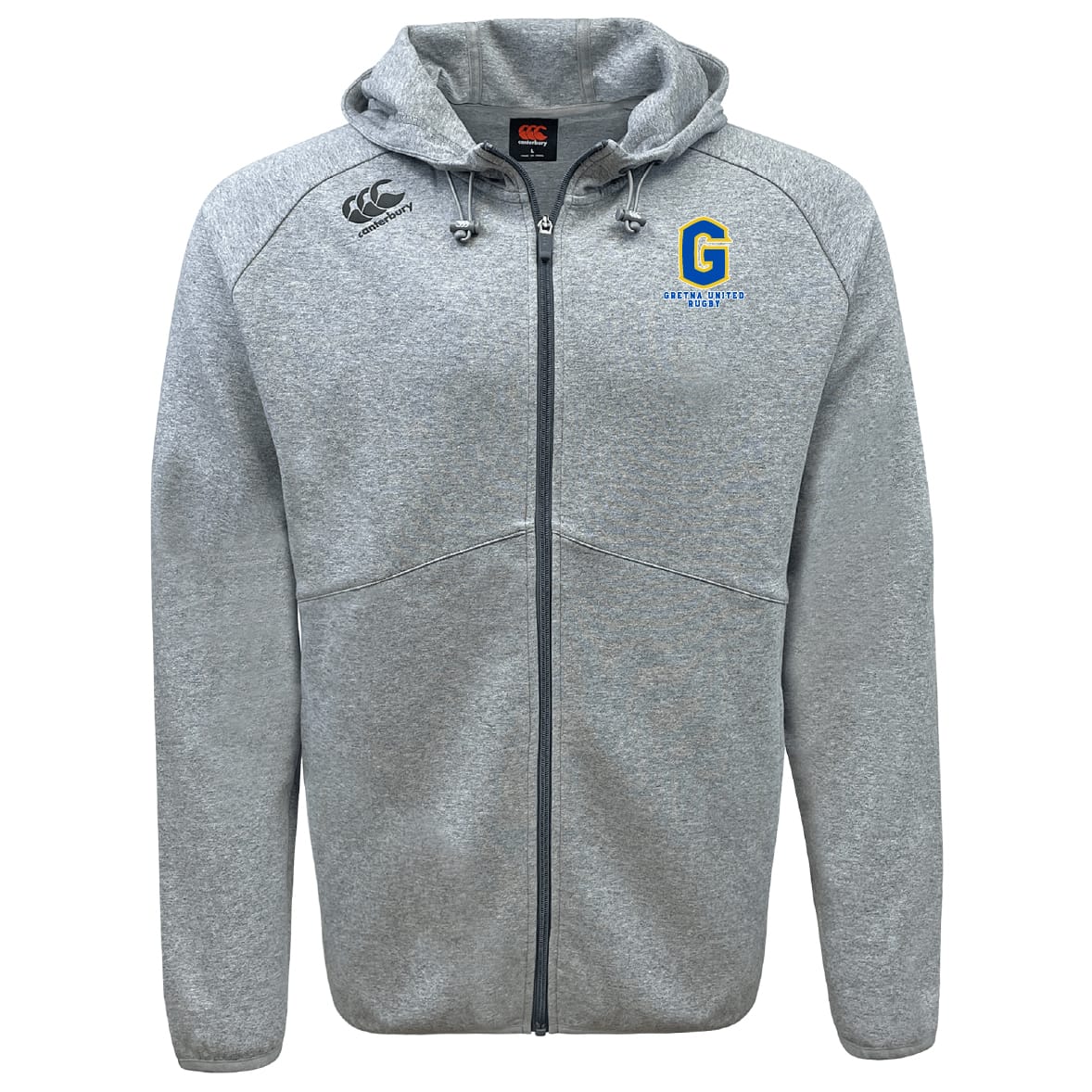 Stay comfortable and stylish in the Gretna United Rugby Tempo Vapodri Full-Zip Hoodie by EMB Canterbury, featuring a hood, drawstrings, and two chest logos. This light gray hoodie offers moisture-wicking performance for any activity.