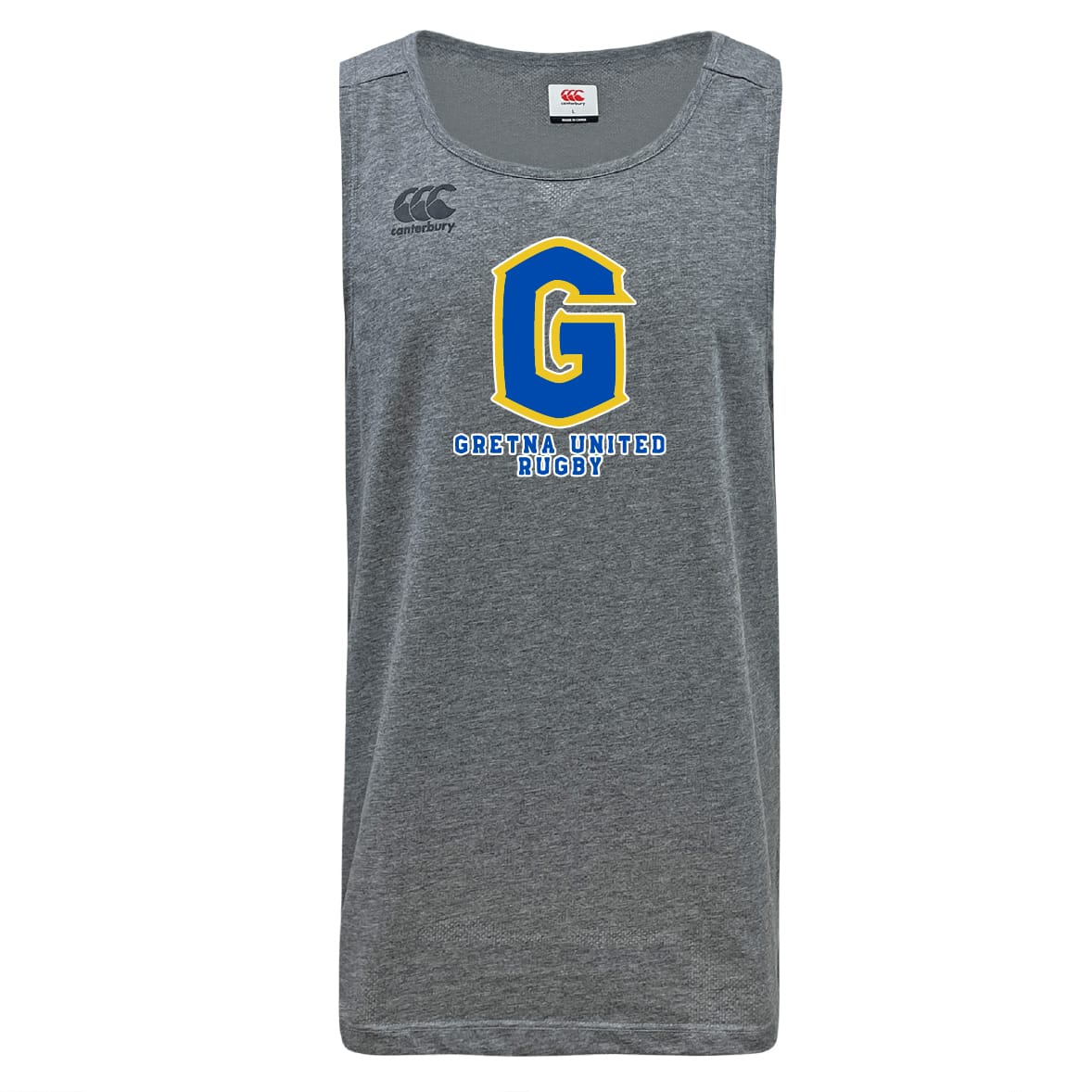 The Gretna United Rugby Tempo Vapodri Singlet by Canterbury from WRS Canterbury is a gray, sleeveless top featuring "Gretna United Rugby," a blue and yellow "G" logo, and the Canterbury emblem. Made from recycled polyester with VapoDri comfort technology.