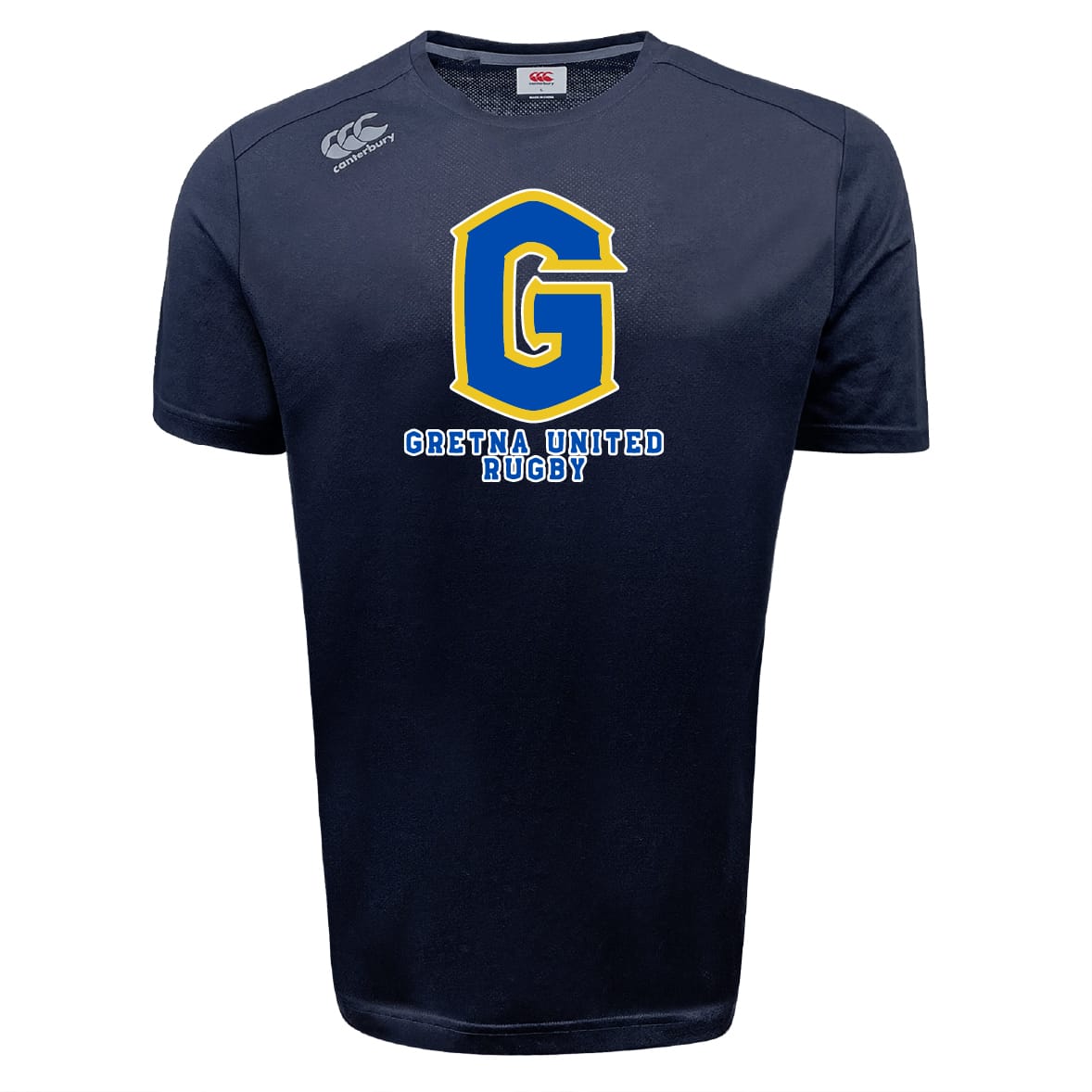 The WRS Canterbury Gretna United Rugby Tempo Vapodri T-Shirt is a navy blue athletic tee with a large yellow and blue "G" and "GRETNA UNITED RUGBY" on the front, designed for comfort and performance.
