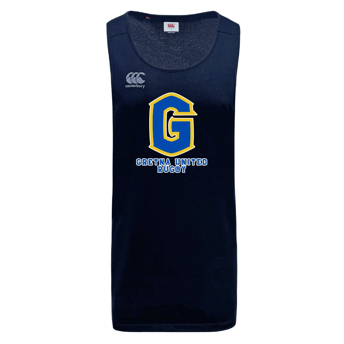 The WRS Canterbury Gretna United Rugby Tempo Vapodri Singlet is a navy sleeveless tank made from recycled polyester, featuring a bold yellow and blue "G" and "Gretna United Rugby" text on the front.