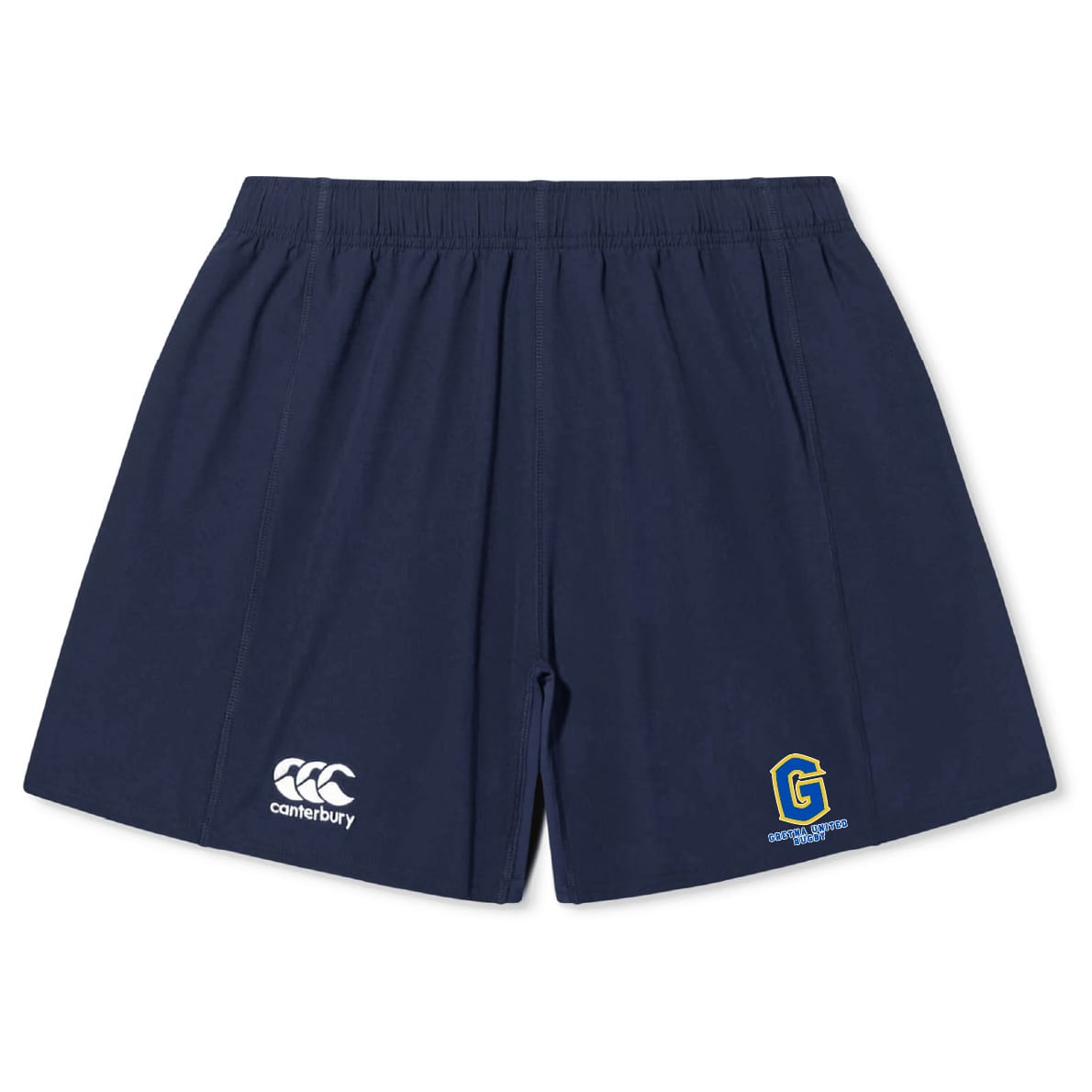 The Gretna United Rugby Yokohama Short by EMB Canterbury is a navy blue athletic rugby short featuring an elastic waistband, Canterbury logo on the left leg, and a G logo with "GET STUCK IN" on the right.