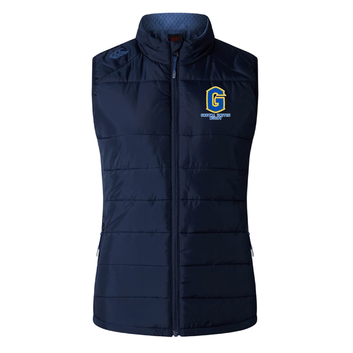 The EMB Canterbury Gretna United Rugby Women's Elite Microlite Gilet is a navy blue, sleeveless, insulated vest with a zip front and features a yellow and blue "G" logo on the left chest.