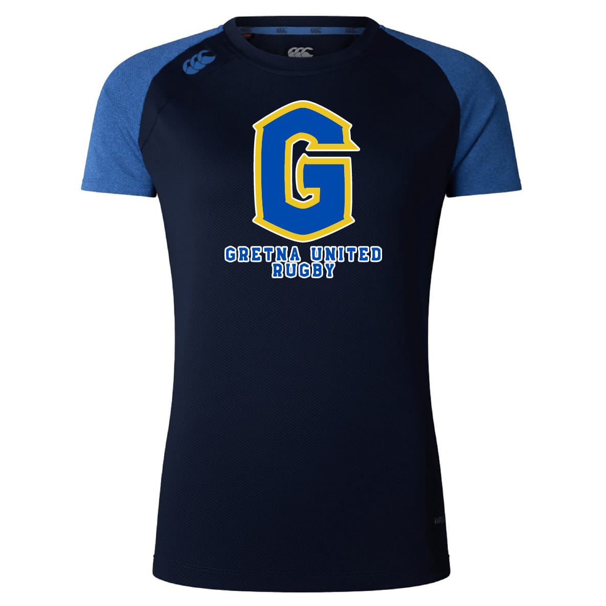 The Gretna United Rugby Women's Elite Training Tee by WRS Canterbury features a large yellow and blue "G" with "Gretna United Rugby" on the front. This navy blue elite shirt is lightweight, ideal for workouts or casual wear.