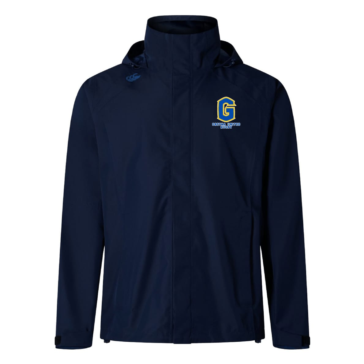 The EMB Canterbury Gretna United Rugby Elite Storm Jacket by Canterbury is a navy waterproof jacket with a yellow and blue "G" logo and "Golden Eagles" text on the left chest, ideal breathable outerwear for any weather. Displayed on a white background.