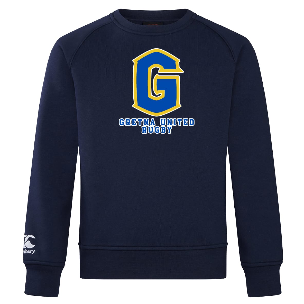 The Gretna United Rugby Club Crew Sweatshirt by WRS Canterbury features a large yellow and blue "G" logo above "Gretna United Rugby," with Canterbury branding on the left sleeve. Ultra-soft and perfect for fans.