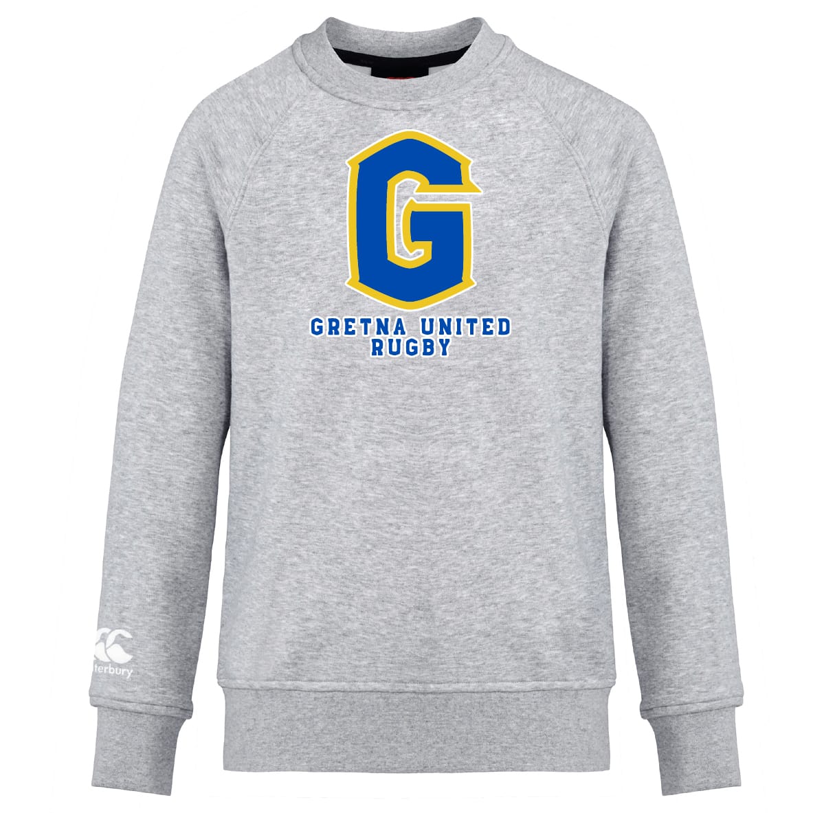 The Gretna United Rugby Club Crew Sweatshirt by Canterbury, from WRS Canterbury, is an ultra-soft grey sweatshirt featuring a bold blue and yellow "G" with "Gretna United Rugby" on the front and a small white Canterbury logo on the sleeve.