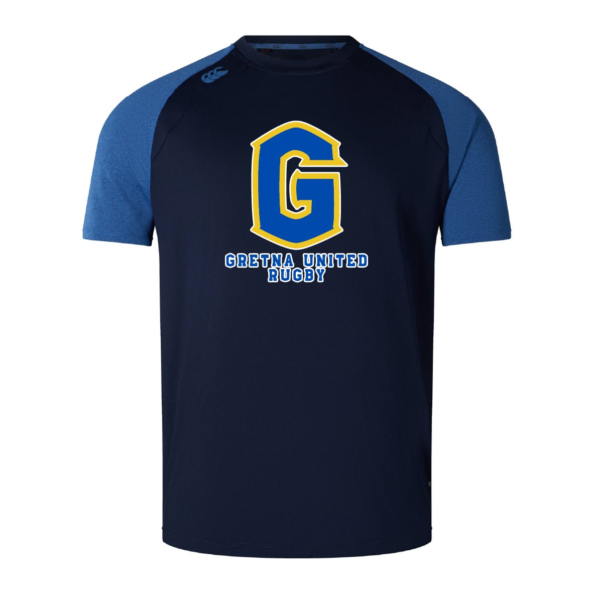 The Gretna United Rugby Elite Training Tee by WRS Canterbury features navy and blue short sleeves, a large yellow and blue "G" with "Gretna United Rugby" on the chest, and is crafted from lightweight, durable fabric inspired by Canterbury standards.